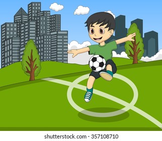 Kids playing soccer in the park cartoon vector illustration