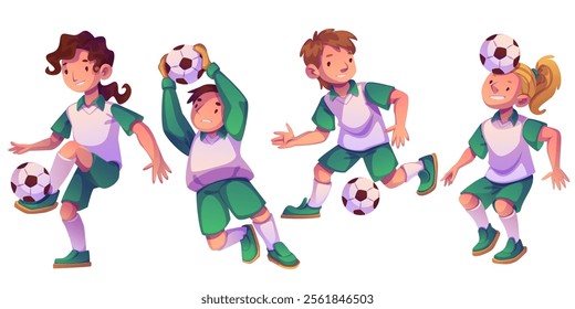 Kids playing soccer set isolated on white background. Vector cartoon illustration of happy teen boys and girls running, jumping, kicking ball, team sports game, active lifestyle, healthy activity