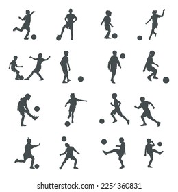 Kids playing soccer silhouette, Kids playing football silhouette