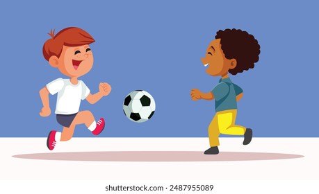 
Gemeinsam Fußball spielende Kinder Vektorgrafik Cartoon Illustration. Fröhliche Kinder, die Spaß an sportlichen Aktivitäten haben 
