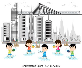 Kids playing to Songkran Festival in Bangkok city, vector illustration