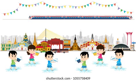 Kids playing to Songkran Festival in Thailand, vector illustration