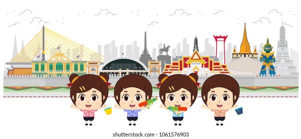 Kids playing to Songkran Festival in Thailand, vector illustration