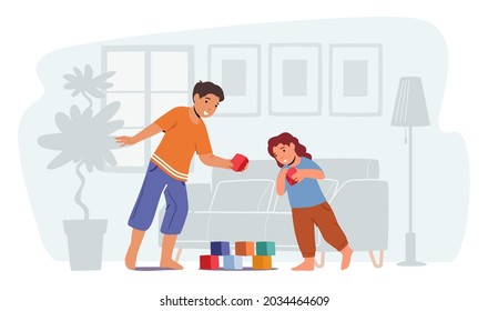 Niños Jugando Tiempo Libre. Un par de niñitos y chicas juegan con juguetes construyendo la torre de los cubos en el piso. Personajes Infantiles, Hermano y Hermanas Infantiles. Ocio. Ilustración de vectores de personas de caricatura