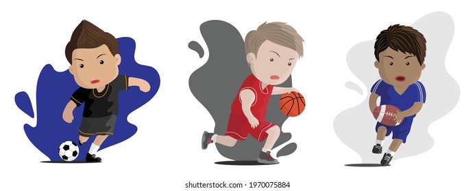 Kids playing sports, football, basketball, rugby, flat design character, cute boys and sports they love