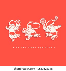 Kids playing sports stickers isolated on red background : Vector Illustration