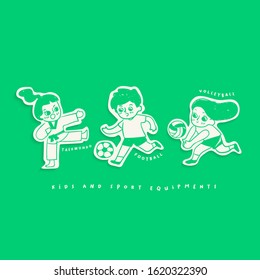 Kids playing sports stickers isolated on green background : Vector Illustration