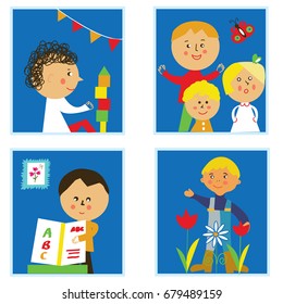 Kids playing and studying in the kindergarten. Vector graphic illustration