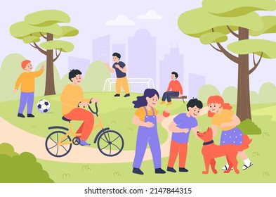 Niños jugando en la ilustración vectorial plana del parque de verano. Niños jugando fútbol. Niños y niñas caminando con perros, montando en bicicleta, sentados en el banco, divirtiéndose o descansando. Zona de juegos, concepto de amistad