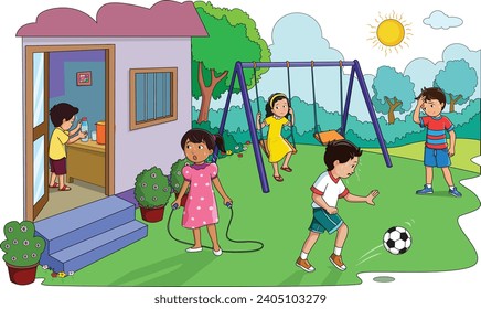 Kids playing in summer season with sun shining brightly vector illustration