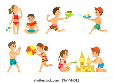 Kids playing in summer vacations vector, girl eating ice cream dessert, children playing volleyball and building castle from sand. Water battle guns