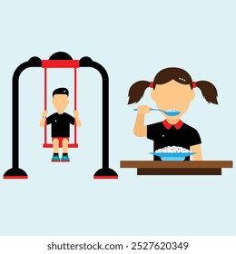 Kids playing in swing park playground hanging and one girl eating food illustration. School going kids.