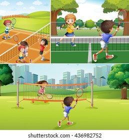 Kids playing tennis at the courts illustration