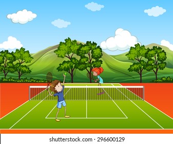 Kids playing tennis in park illustration