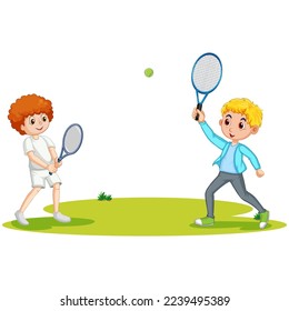 Kids playing tennis in the park vector illustration.  Cute Happy Kids Playing Tennis. Cute boys  playing tennis cartoon character. 