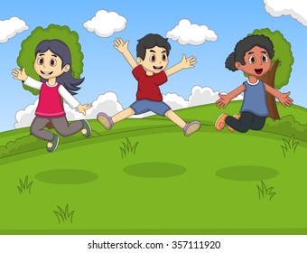 Kids playing at th park jumping and laughing cartoon vector illustration