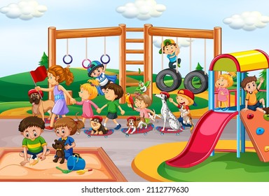 Kids playing with their animals at the playground illustration