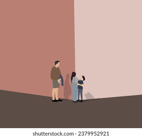 Kids playing together with father standing on corner of city street. Family spend time on holiday vacation.