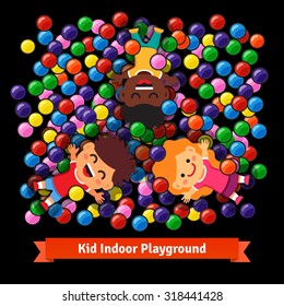 Kids playing together at the Indoor playground pool of colorful plastic balls.Flat style vector cartoon illustration isolated on black background.