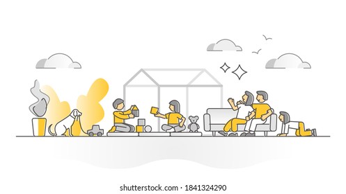 Kids playing together with parents and toys scene monocolor outline concept. Quality time as family with fun children cubes game and pets vector illustration. Playful and happy childhood activity.