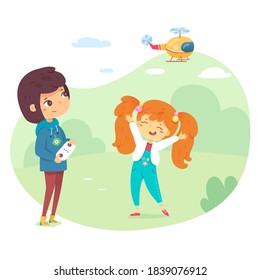 Kids playing with toy helicopter outdoors. Boy controling flying helicopter in sky. Weekend summer hobby activities vector. Smart children having fun in park or garden illustration.