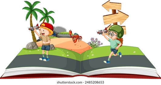 Kids playing with toy planes in an open book