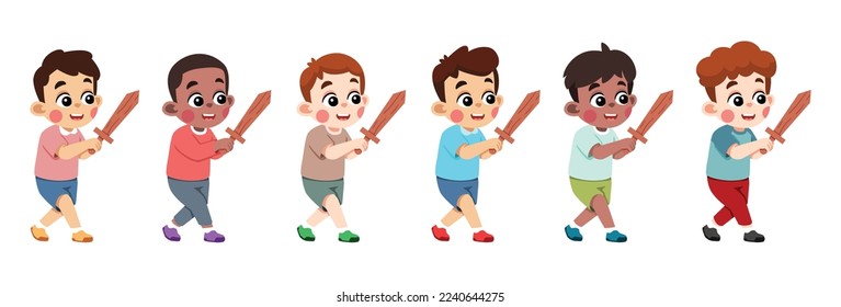Kids Playing Toy Sword in Various Skin Colors