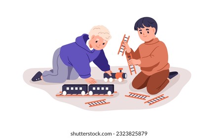 Kids playing with toy train, railroad. Preschool children friends have fun with railway together. Happy little boys during game, indoor activity. Flat vector illustration isolated on white background