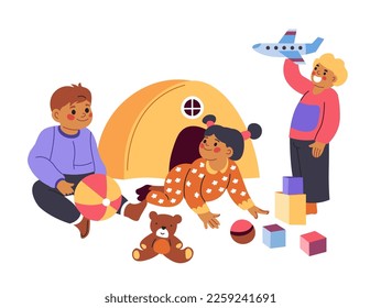 Kids playing with toys, boys and girl with airplane, building block cubes, plush bear and ball. Isolated children at playground, kindergarten or home leisure time and entertainment. Vector in flat 