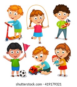 Kids are playing with toys. Boys are  riding a scooter, playing with a toy car and a ball. Girls are jumping rope and playing with a doll. Vector illustration