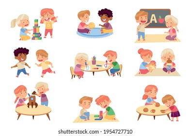 Kids Playing Toys and Game in Kindergarden Running, Playing Doll and Drawing Vector Set