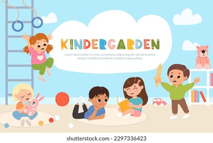 Kids playing toys and games, reading books together in kindergarden. Cartoon playroom with children.