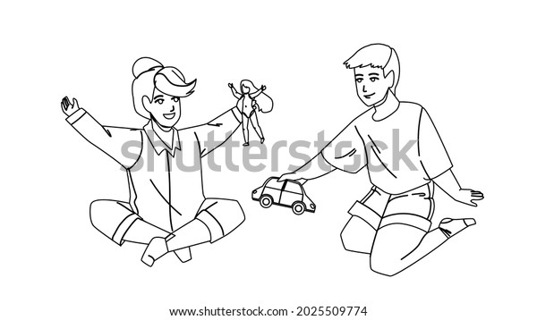 Kids Playing Toys Kindergarten Black Line Stock Vector (Royalty Free ...