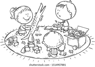 Kids playing with toys on the carpet, outline vector illustration