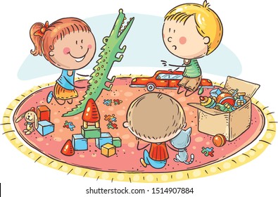 Kids playing with toys on the carpet, colorful vector illustration