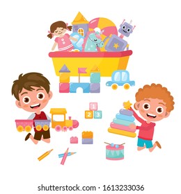 Kids playing with toys on isolated background. Vector illustration of children activities. Boys playing trane and blocks.