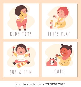 Kids playing with toys, set of posters, flat vector illustrations. Cute and adorable babies playing with teddy bear, cubes, xylophone and toy phone. Kindergarten activities.