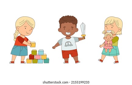 Kids playing with toys together set. Boy and girl playing with blocks, sword and doll cartoon vector illustration