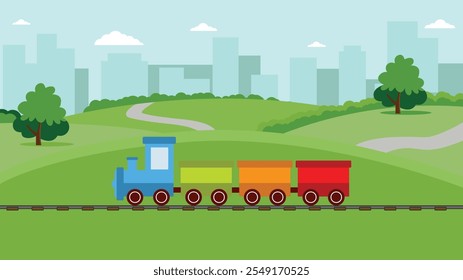 Locomotora de vapor de Ilustración vectorial de dibujos animados de ferrocarril de sendero para niños