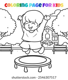 Kids playing trampoline outline coloring page illustration