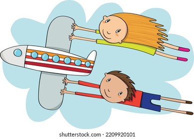 Kids playing travelling by airplane