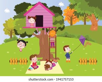 Kids Playing With Tree House Cartoon Vector Concept For Banner, Website, Illustration, Landing Page, Flyer, Etc.