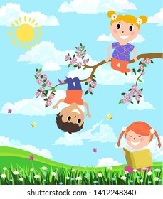  Kids playing with a tree, little boy and girl on a tree branch. Vector illustration in cartoon style