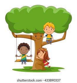 Kids Playing, Tree, Vector Illustration