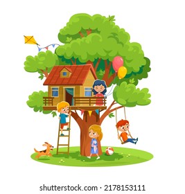 Los niños están jugando en un árbol con globos, una cometa y un columpio. Personajes de dibujos animados de niños y niñas con un perro que se divierte al aire libre. Ilustración vectorial sobre fondo blanco.