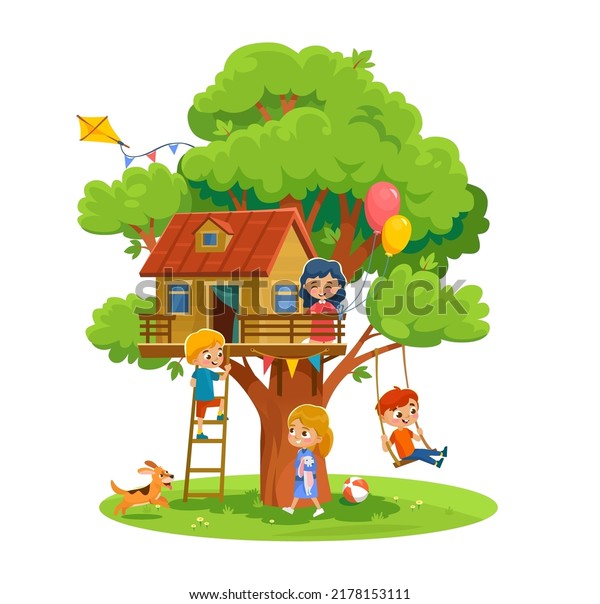 Kids Playing Treehouse On Tree Balloons Stock Vector (Royalty Free ...