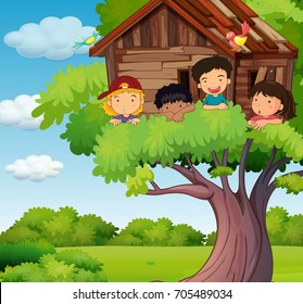 Kids playing at treehouse in park illustration