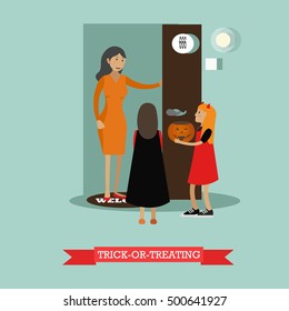 Kids playing trick or treat. Happy halloween holiday concept posters. Vector illustration in flat style design.