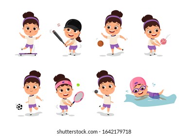 
kids playing various sports. A collection of cartoon-style vector illustrations of kids girls playing a variety of sports. Sport icon on a white background.