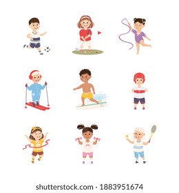 Kids Playing Various Sports Set, Boys and Girls Skiing, Surfboarding, Running, Playing Tennis, Soccer, Active Healthy Lifestyle Concept Cartoon Style Vector Illustration